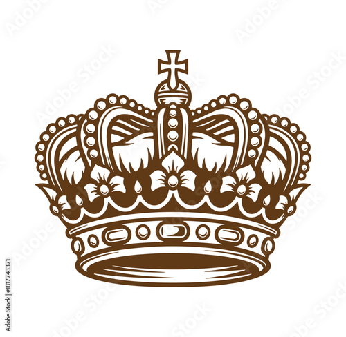 Elegant and ornate royal crown vector illustration in brown color isolated on white background