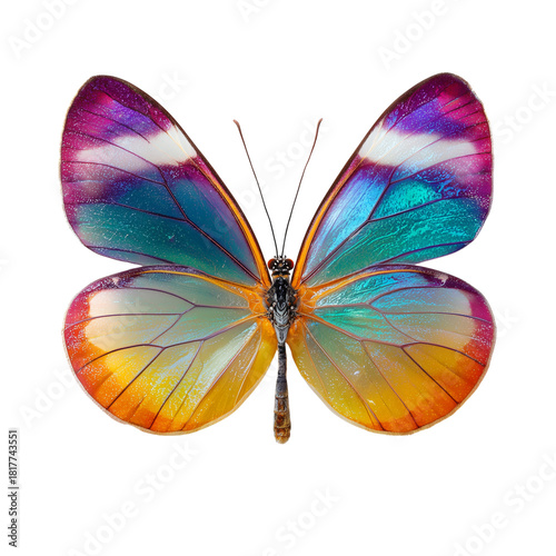 Vibrant iridescent butterfly with colorful wings spread wide isolated on transparent background