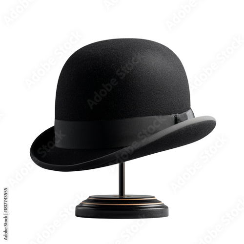 Classic black bowler hat displayed on a dark wooden stand isolated on transparent background