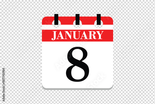 8 January Calendar icon vector, 8 dates of January month calendar icon, dates of January 8 icon calendar, vector calendar icon.