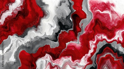 An abstract background with a fluid art texture resembling marble or agate, featuring swirling patterns in vibrant red, white, and gray tones.