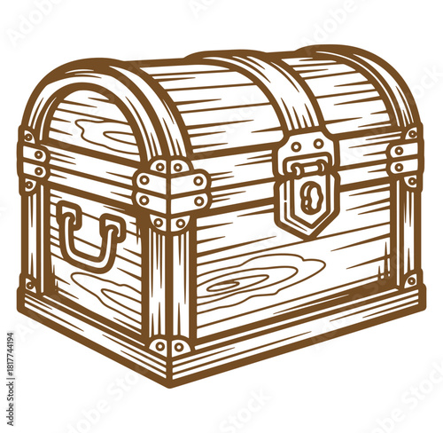 Hand drawn illustration of a wooden treasure chest with metal hinges and a secure lock