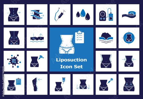 Liposuction Flat Color Icons: Body Sculpting, Fat Removal, Tummy Tuck, Measuring Tape, Before After, Plastic Surgery, Syringe, Skin Lifting, Medical Procedure Vector Set