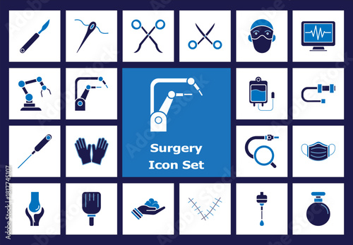 Surgery Flat Color Icons: Operating Room, Scalpel, Sutures, Forceps, Retractor, Robotic Arm, IV Bag, Medical Mask, Surgical Tools, Healthcare, Operating Table Vector Kit