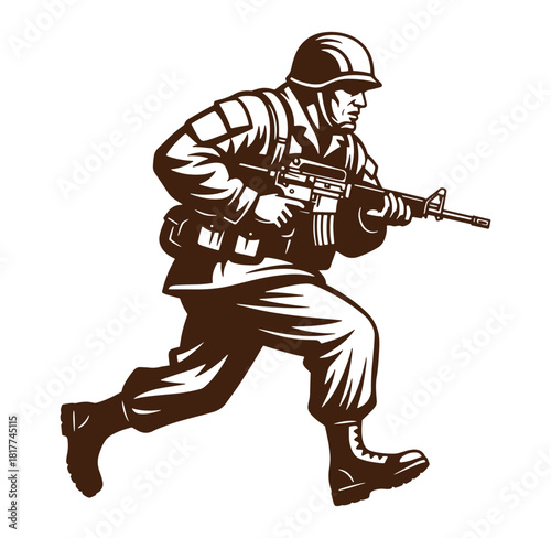 Running soldier silhouette with assault rifle vector illustration for military designs and concepts