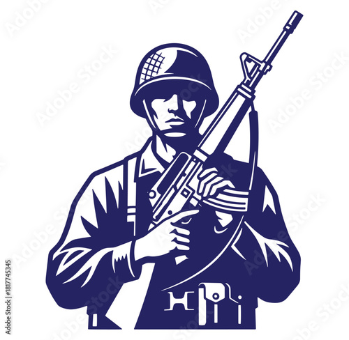 Silhouette illustration of a soldier carrying a rifle prepared for battle military concept