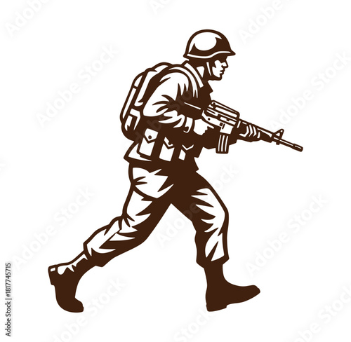 Silhouette of a running soldier carrying a rifle and wearing military uniform ready for action