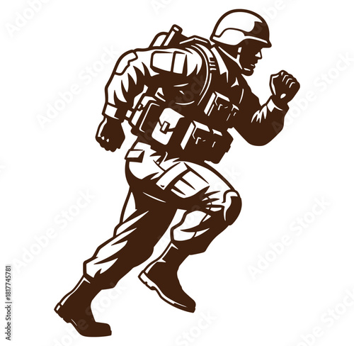 Silhouette of a running soldier in full military gear representing duty and courage