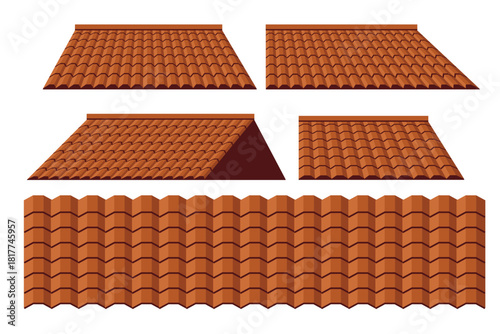 Vector illustration set of red roof tiles with different angles and perspectives. Perfect for construction design, architectural projects, game assets, and building elements.