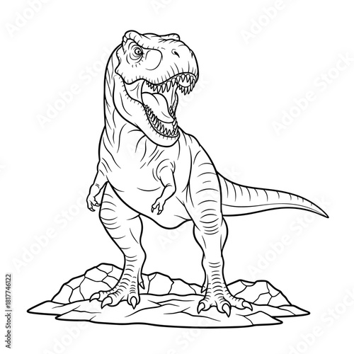 Tyrannosaurus Rex roaring on rocks, standing fierce; bold black line art for coloring book.