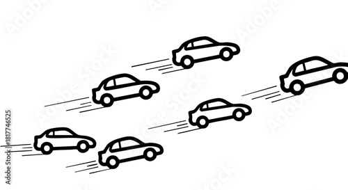 Six black line art cars driving fast with speed lines on white background motion