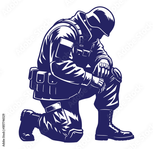 Vector illustration depicting a kneeling soldier with military uniform and helmet isolated