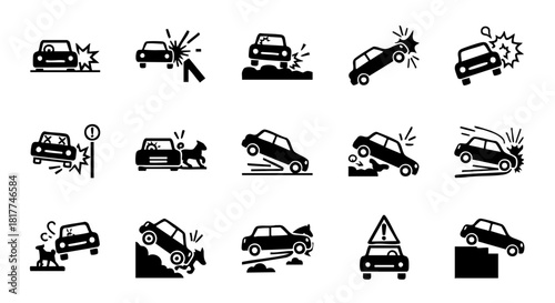 Collection of black car accident icons illustrating various crash scenarios collision impact