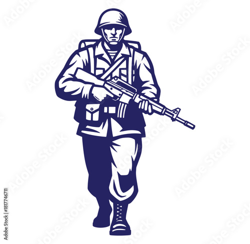 Vector illustration of a courageous soldier carrying a rifle and marching forward