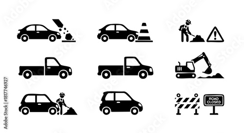 Set of black and white construction and traffic icons showing cars trucks excavator road closed sign and worker