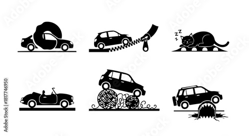 Collection of six black silhouette icons featuring cars and a cat in various scenarios automobile vehicle