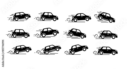 Twelve black car icons showing motion and speed with dust clouds automobile vehicle