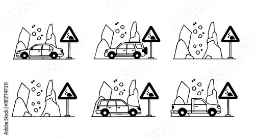 Six illustrations of cars near falling rocks and rockfall warning signs sedan