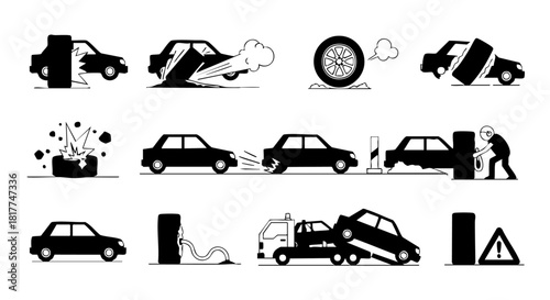 Collection of car accident and repair icons in black and white car crash car repair