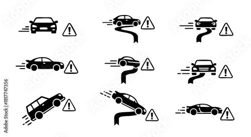 Set of black car icons showing loss of control and warning signs on white background driving danger