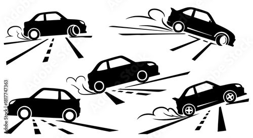 Five black car silhouettes drifting on abstract roads with tire smoke vector