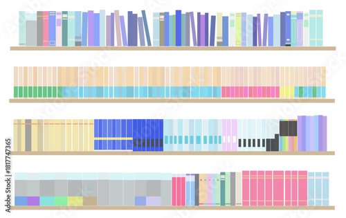 色々な本が並ぶ本棚のイラストセット