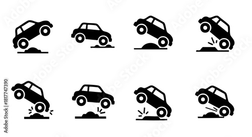 Black car icons showing different bumpy road and jump situations white