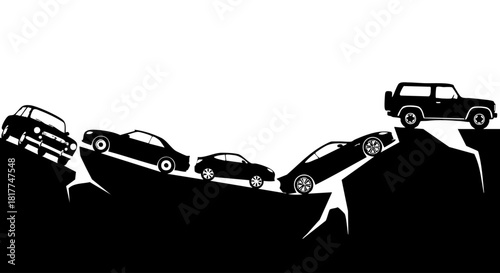 Black car silhouettes on a cracked cliff edge with a white background vector