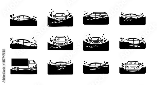 Collection of black and white icons depicting cars and a truck submerged in water with splashes flood