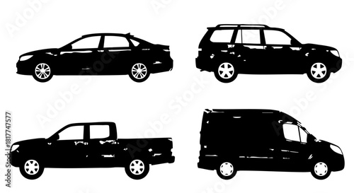 Black silhouette car van and pickup truck side view sedan station wagon