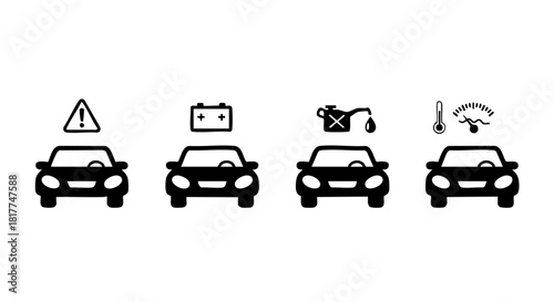Four black car icons with warning symbols for battery oil and temperature vector