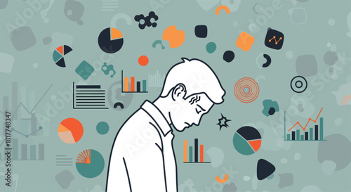 Stressed businessman overwhelmed by data and charts in office, feeling pressure and anxiety from financial analysis, creating a sense of burnout and frustration.