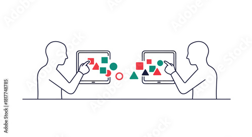 Silhouetted figures interact with tablets, exchanging colorful geometric shapes in a modern, collaborative digital workspace, emphasizing connection and innovation.