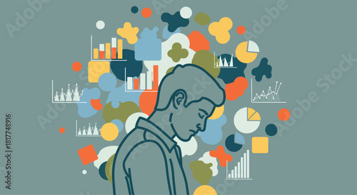 Pensive man contemplates data analytics and charts swirling around his head, representing information overload and the complexity of modern business analysis.