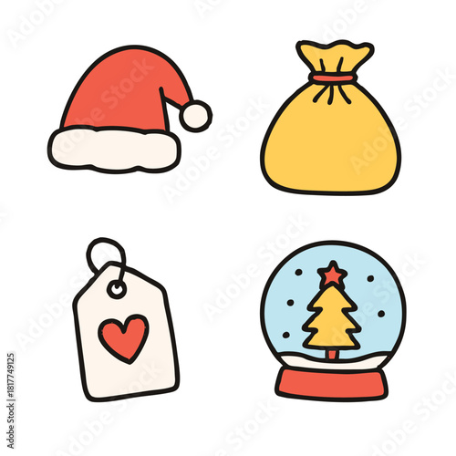 Santa hat, gift bag, heart tag, snow globe with tree, festive and cheerful holiday icons