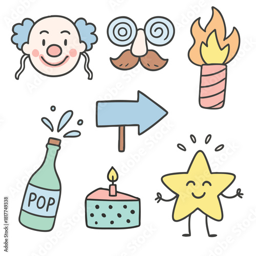 Clown face glasses mustache firework bottle cake arrow star cheerful doodle