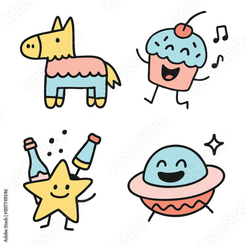 Cartoon pinata, cupcake, star, and UFO with happy faces, playful party celebration illustration