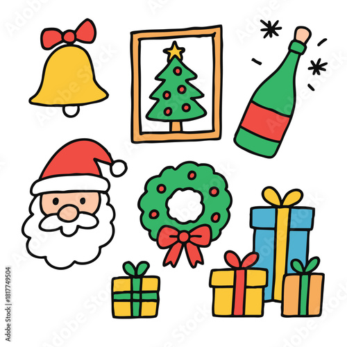 Christmas bell, Santa Claus, wreath, Christmas tree, gift box, champagne bottle, festive mood