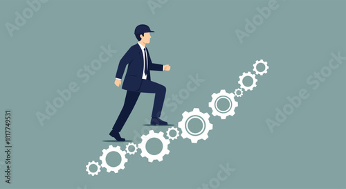 Businessman climbing steps made of gears towards success in a corporate environment, symbolizing progress and achievement in a competitive business world.