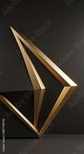 Golden angular geometric shapes interlock against a dark background creating an abstract dynamic composition