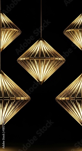 Golden faceted diamondshaped pendant lights glowing against a dark background with subtle reflections