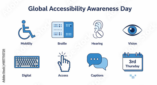 Graphic illustrating Global Accessibility Awareness Day icons and date
