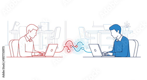 Two businessmen communicate online using laptops in a modern office, exchanging data and ideas with a seamless connection, representing collaboration and innovation.