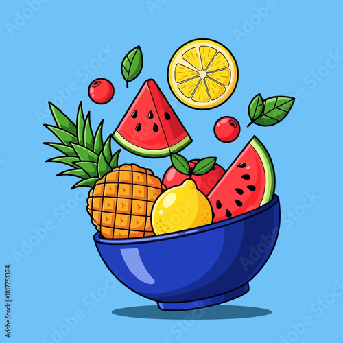 A vibrant illustration of a blue bowl overflowing with fresh fruits, including watermelon, pineapple, lemon, and berries.