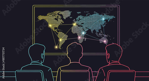 Three business people analyze global network connections on large screen in dark room, representing international collaboration and strategic planning.