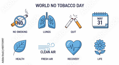Infographic illustrating eight concepts related to World No Tobacco Day with blue icons