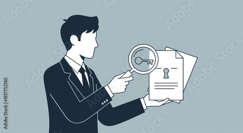 Businessman examines document with magnifying glass, searching for key information in office, symbolizing investigation and problem solving with attention to detail.