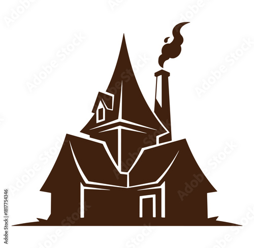 Brown silhouette illustration of a witch house with smoke coming from the chimney