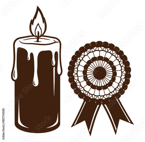 Candle and award ribbon graphic illustration depicting celebration and commemoration elements