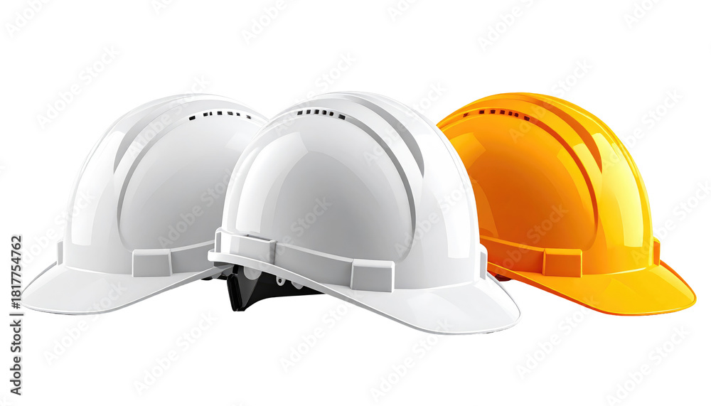 Fototapeta premium Three safety helmets of different colors, arranged closely, against a black background. Focused, realistic lighting